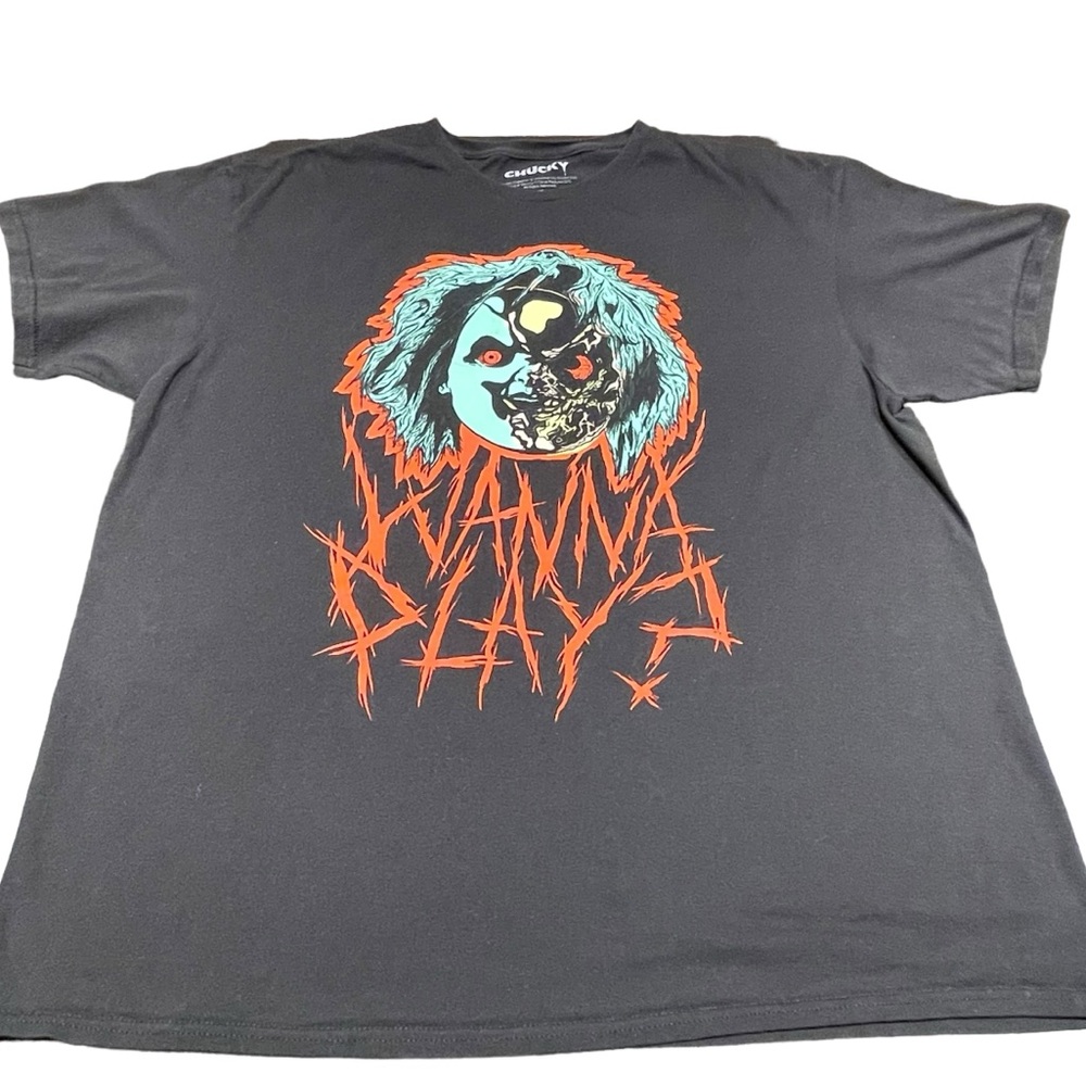 Seed Of Chucky Childs Play Movie Black Graphic Wanna Play? T-Shirt Size XL FLAWS
